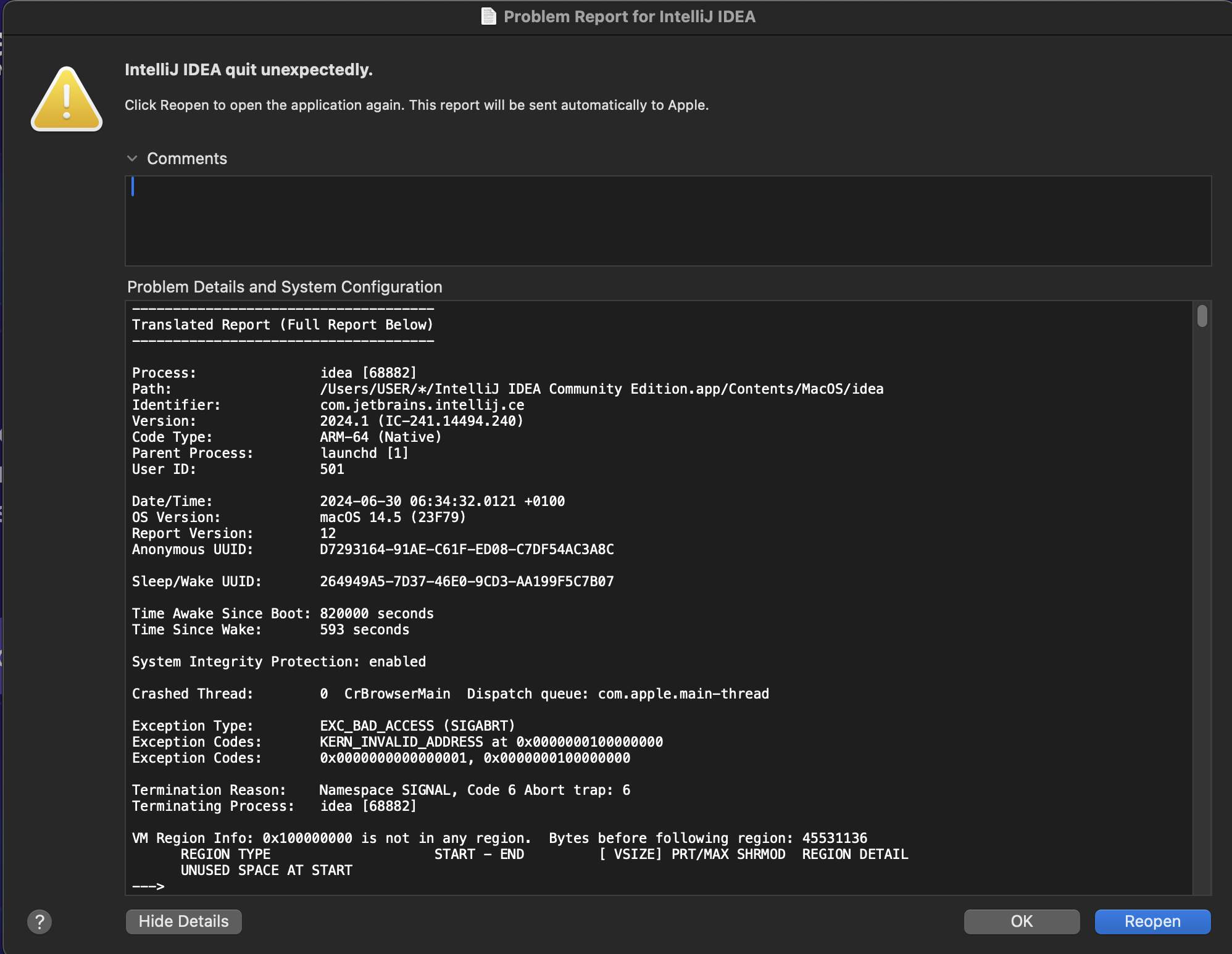 alt Intelli Crash Report Screen